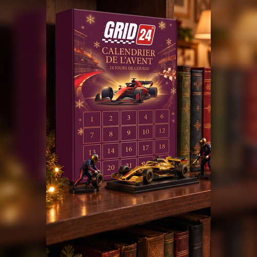Calendrier GRID 24 sur une étagère avec la voiture dorée