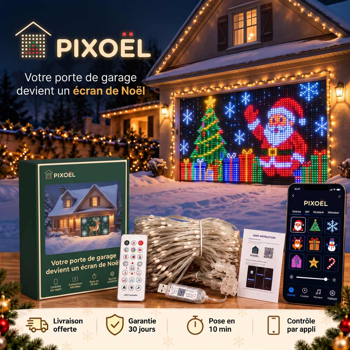 PIXOËL, le rideau LED qui transforme la porte de garage en écran de Noël